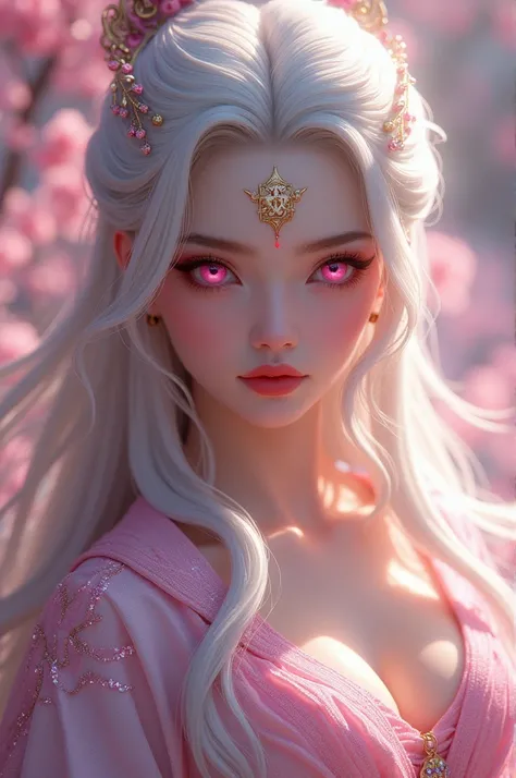 Most beautiful xianxia female protagonist,silver long hair and magenta eyes,use majestic garmen with pink fillamen,face detailed,lips detailed,thin red lips,golden rune scratch at fore head,forehead detailed,better quality, masterpiece,24K ultra hd,super b...