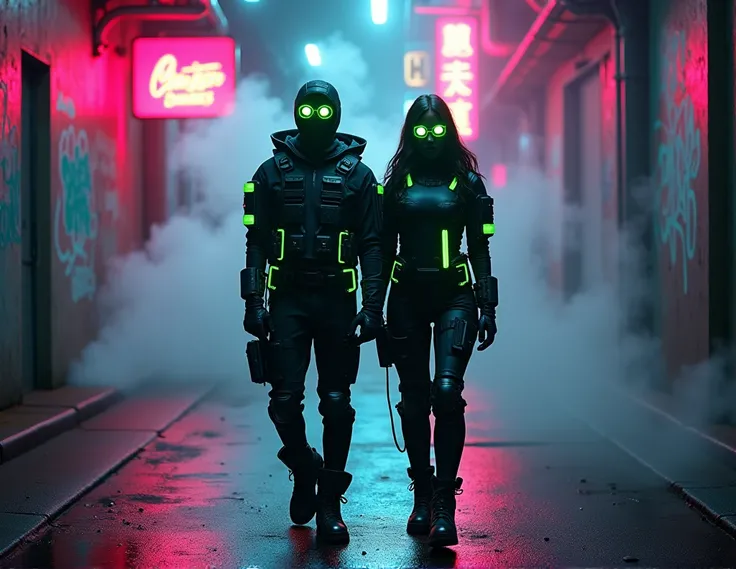 [Subject: Futuristic Outfit Photography - Couple] A photorealistic image capturing a couple dressed in matching black, sleek, armored bodysuits with neon green highlights. Both outfits are equipped with tactical belts holding glowing tech gadgets, knee-hig...