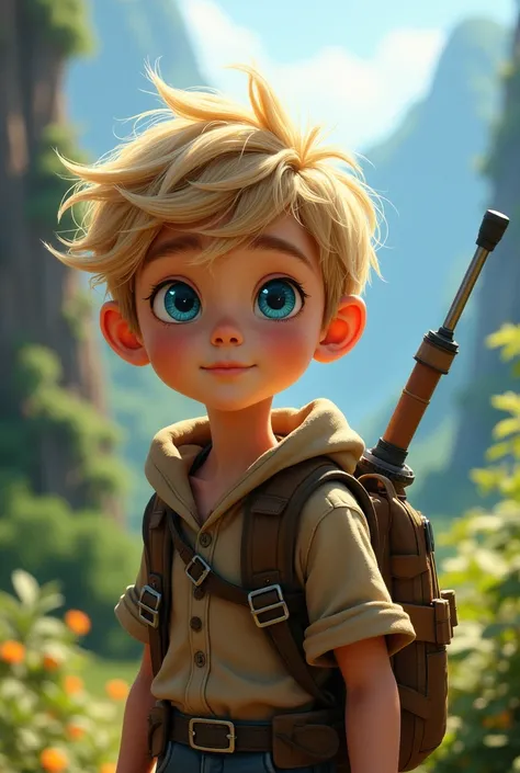 Adventurous boy with messy blonde hair and blue eyes 