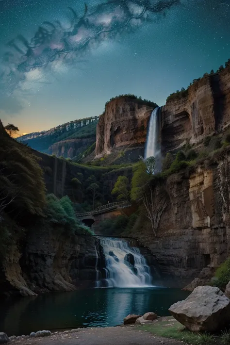 A beautiful starry night with a pretty waterfall , rocks , animals , a pretty lake  , a scary beast , a pretty provocative woman