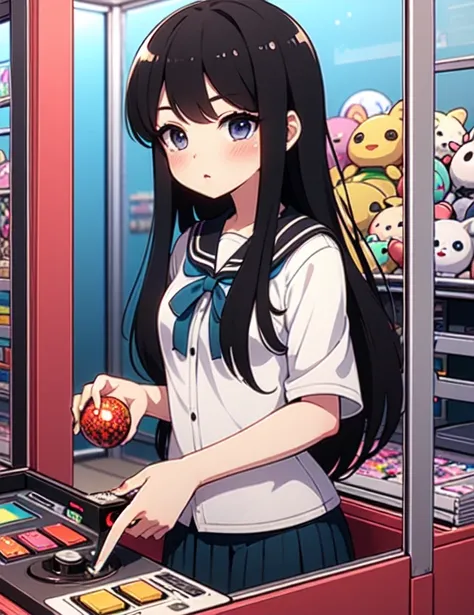 (((masterpiece))), (((Highest quality))), ((Claw Machine)), Place your hand on the bottom panel, Operate the long joystick、Press the button, Use the clamp to lift the toy, One person, Komi Shoko, shy, blush, school uniform, Claw Machine,  Rear View,