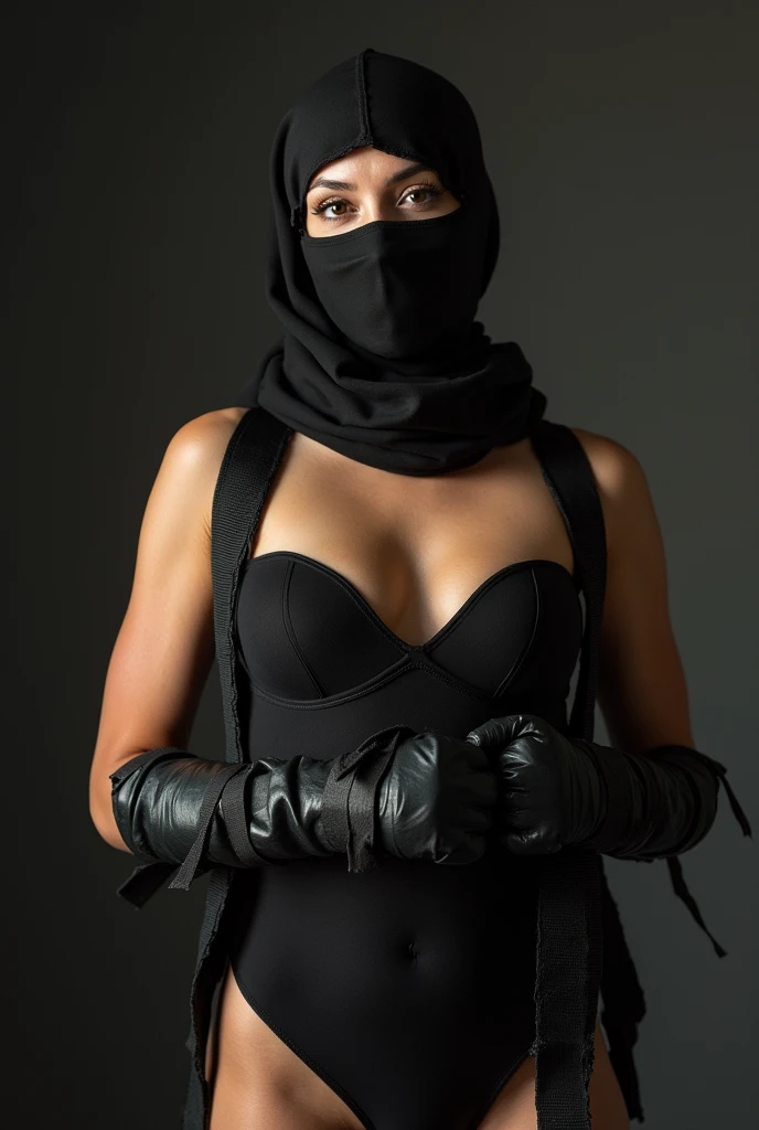 High quality, one woman, bound, bondage, tied up with duct tape, gagged, black balaclava, black bodysuit, sexy body, 8k, masterpiece