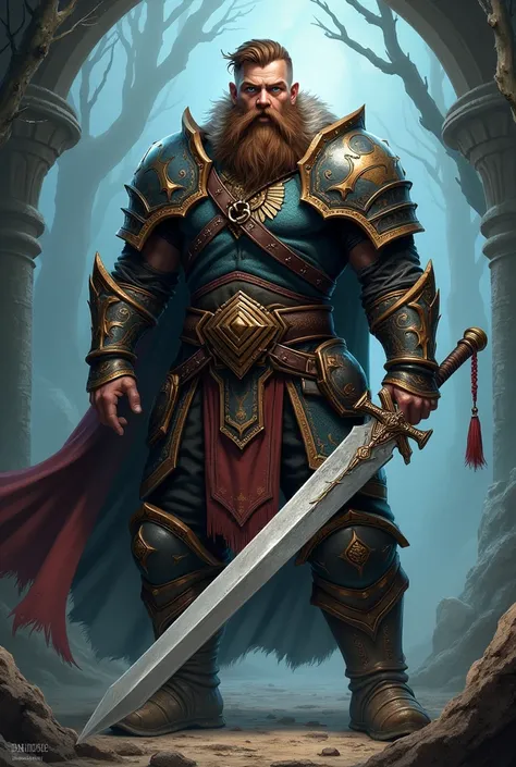 A half-elf human, brawny, short brown hair, blue colored eyes, mystical medieval armor, using a large sword, short brown beard covering the face.