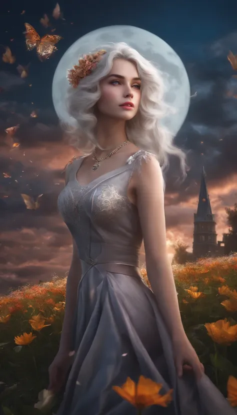 masterpiece, best quality, 1girl, (colorful),(finely detailed beautiful eyes and detailed face),cinematic lighting,bust shot,extremely detailed CG unity 8k wallpaper,white hair,solo,smile,intricate skirt,((flying petal)),(Flowery meadow) sky, cloudy_sky, b...