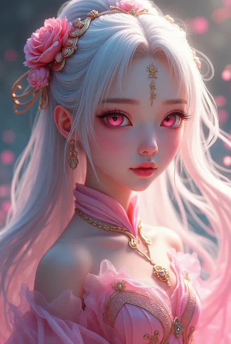 Most beautiful 6.yo xianxia female protagonist,silver long hair and magenta eyes,use majestic garmen with pink fillamen,face detailed,lips detailed,thin red lips,golden rune scratch at fore head,forehead detailed,better quality, masterpiece,24K ultra hd,su...