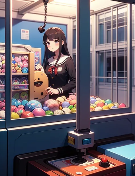 (((masterpiece))), (((Highest quality))), ((Claw Machine)), Place your hand on the bottom panel, Operate the long joystick、Press the button, Use the clamp to lift the toy, One person, Komi Shoko, shy, blush, school uniform, Claw Machine,  Rear View,