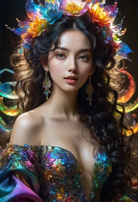 (masterpiece, highest quality, best quality, official art, beautiful and aesthetic), (glowing skin, perfect body), bright eyes, full mouth, long curly black hair, tied on one side of the head, incident light style Rembrandt, 1 flower in hair, extremely det...