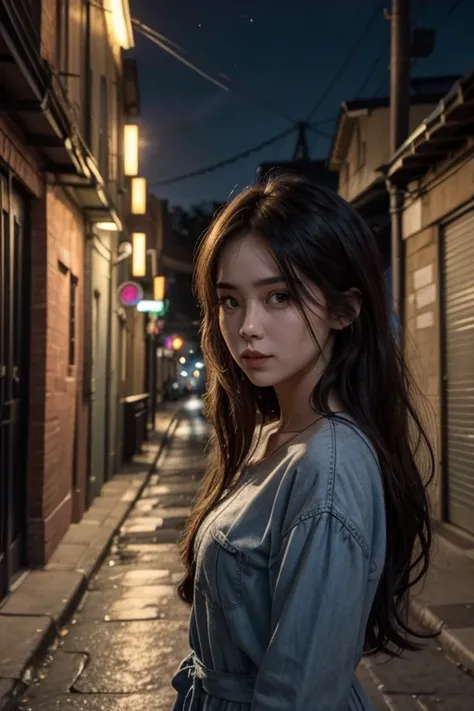 a beautiful 25-year-old girl named Alice is catrina in a hyper-realistic style alley at night, the wind moves her hair