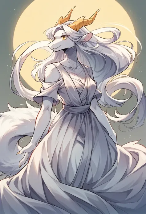 по знакомствам. solo girl,  Priscilla crosbreed. 30 year old. White fluffy long dress, medium breasts, Fluffy white fur covered all body, Fluffy white tail, dragon horn, white long hair, yellow dragon eyes.