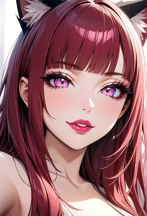 selfie pov (masterpiece), best quality, highly detailed faces, (SHARP details), 4k, highly detailed, expressive eyes, SHARP detail expressive eyes, (SHARP detail perfect face), (cat ears), (cat tail),maroon red hair,(shiny lipstick) (pink eyes), long hair,...