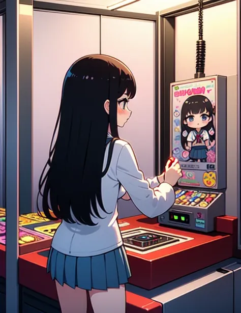 (((masterpiece))), (((Highest quality))), ((Claw Machine)), Place your hand on the bottom panel, Operate the long joystick、Press the button, Use the clamp to lift the toy, One person, Komi Shoko, shy, blush, school uniform, Claw Machine,  Rear View,