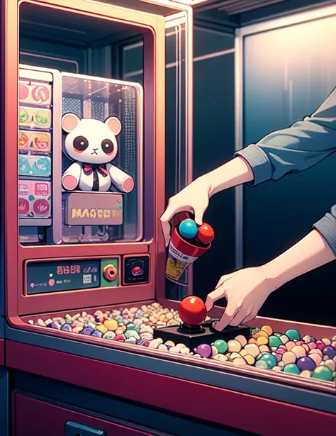 (((masterpiece))), (((Highest quality))), ((Claw Machine)), Place your hand on the bottom panel, Operate the long joystick、Press the button, Use the clamp to lift the toy, One person, Komi Shoko, shy, blush, school uniform, Claw Machine,  Rear View,