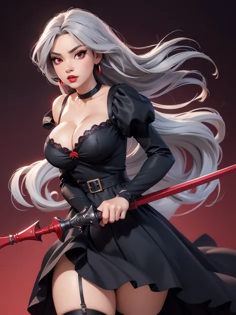 anime art, 1girl, solo, long hair, breasts, looking at viewer, large breasts, red eyes, long sleeves, dress, holding, cleavage, jewelry, weapon, grey hair, earrings, parted lips, puffy sleeves, holding weapon, black dress, garter straps, red lips