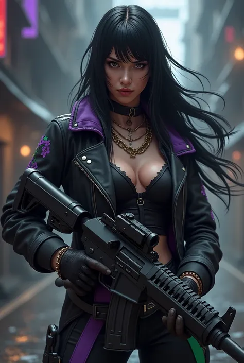 Make a character from the free fire game, with long black hair and wearing a tight black outfit with purple and green details with a machine gun in her hand, with a mysterious look.