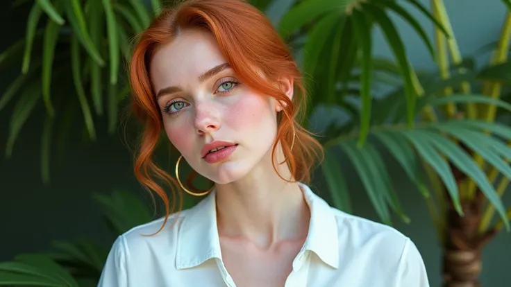 Create a hyper-realistic photo of a woman with (((Red hair))), shown from the bust up, kor (((8))), with the entire upper body fully visible within the frame. Her hair must be extremely voluminous, well maintained and perfectly styled, emphasizing your ful...