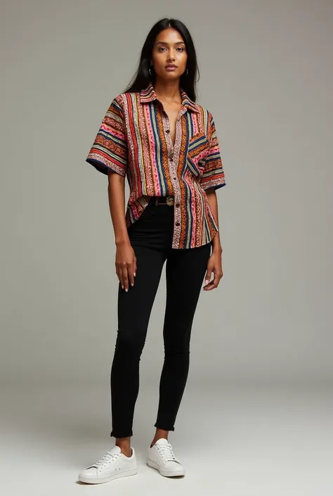 Create an outfit with black skinny pants, a shirt from El Salvador&#39;s selecta and white shoes 
