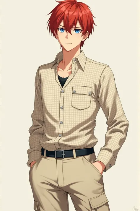 Chuuya Nakahara from the anime bungo stray dogs with a cream plaid shirt and cream skini cargo pants 