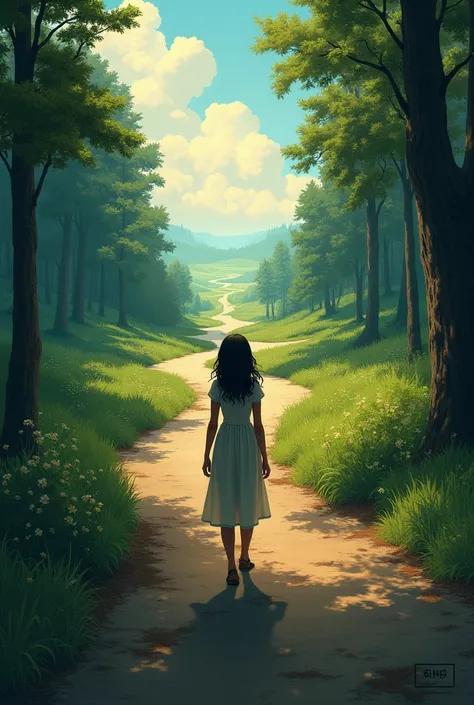 A woman standing at a crossroads, with one path leading to a bright, sunlit horizon and the other to a shadowy, uncertain forest, representing the power of choice.