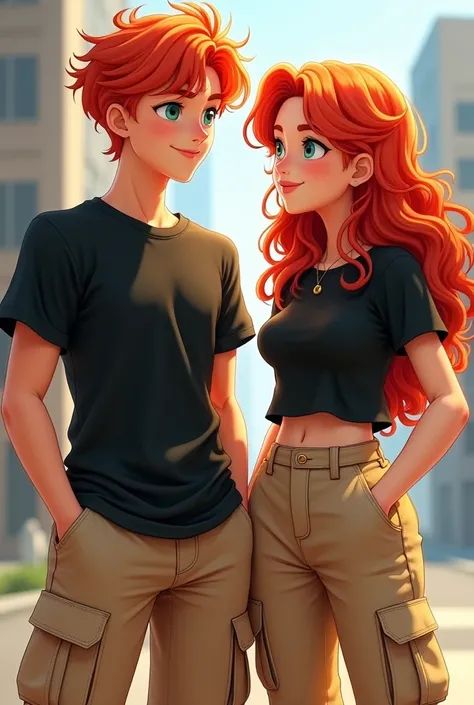 two wavy redheaded teenagers wearing black t-shirt and beige pocket pants 