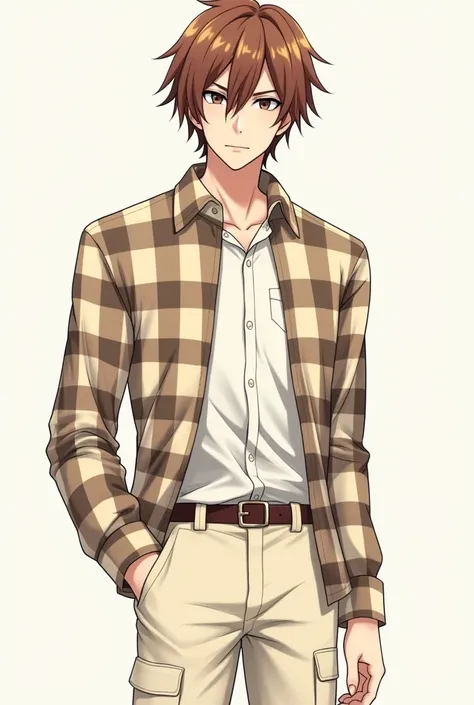 Chuuya Nakahara in a cream and brown plaid shirt, but more cream than brown, and cream skini cargo pants 