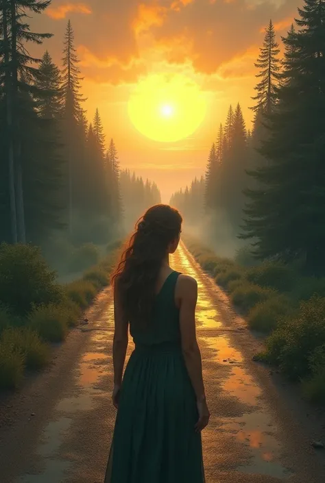 A woman standing at a  juncture crossroads, with one path leading to a bright, sunlit horizon and the other to a shadowy, uncertain forest, representing the power of choice.