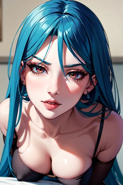 full body, pov (masterpiece), best quality, highly detailed faces, (SHARP details), 4k, highly detailed, expressive eyes, SHARP detail expressive eyes, (SHARP detail perfect face), teal blue hair, (shiny lipstick) (orange eyes), long hair, detailed face, m...