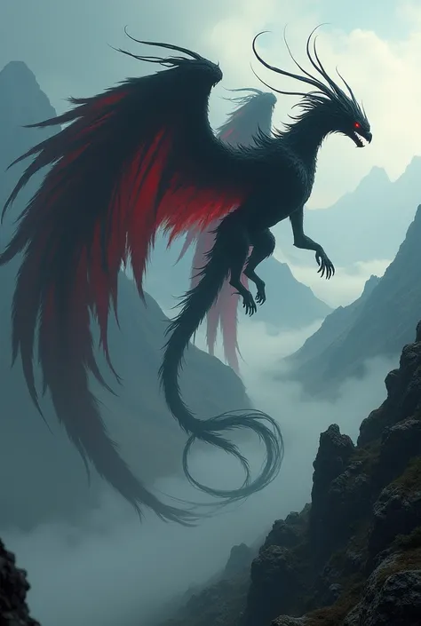 a black and red shadow creature, mythical monster with flowing shadowy wings and tail, flying over a mountainous landscape, leaving a trail of dark ash and flowing shadows, dramatic lighting, highly detailed, 8k, photorealistic, intricate feathers, intense...