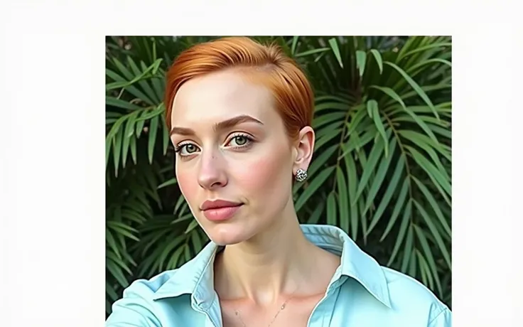 Create a hyper-realistic photo of a woman with (((Red hair))), shown from the bust up, kor (((8))), with the entire upper body fully visible within the frame. Her hair must be extremely voluminous, well maintained and perfectly styled, emphasizing your ful...