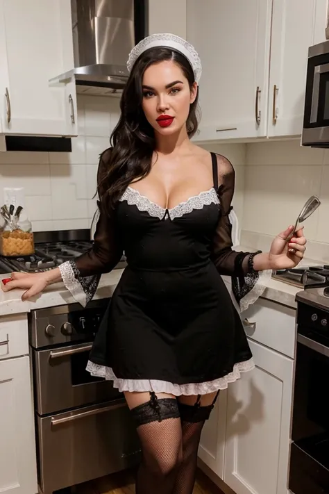 In the kitchen at home. Full body shot. Megan fox style women big and pumped lips red lipstick, dressed in a black French maid uniform, black dress with lace on the sleeves, small white lace apron, white hat, stiletto heels