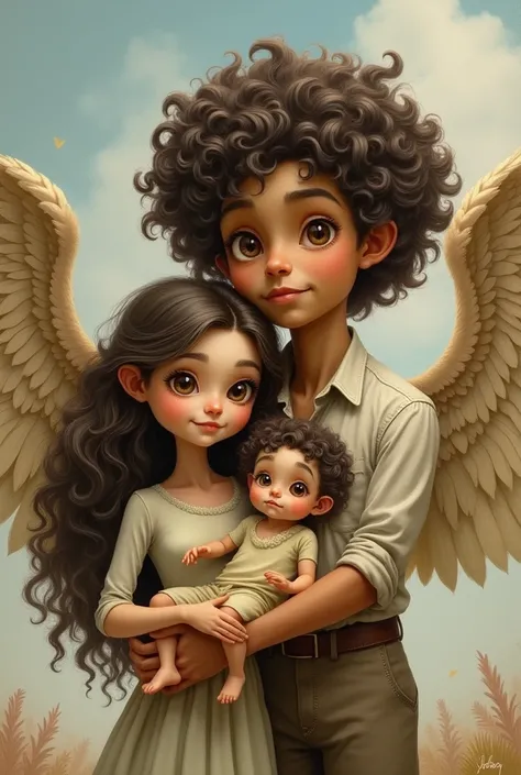 Family of short mother with big eyes and straight hair and tall father with big eyes and curly hair and baby with curly hair, father and baby with wings