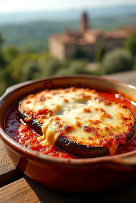 Um file alla parmegiana alto , that you can see the breading and lots of cheese gratin on a bed of sugo sauce in a.ceramic dish on a table with the background of the city of Tuscany