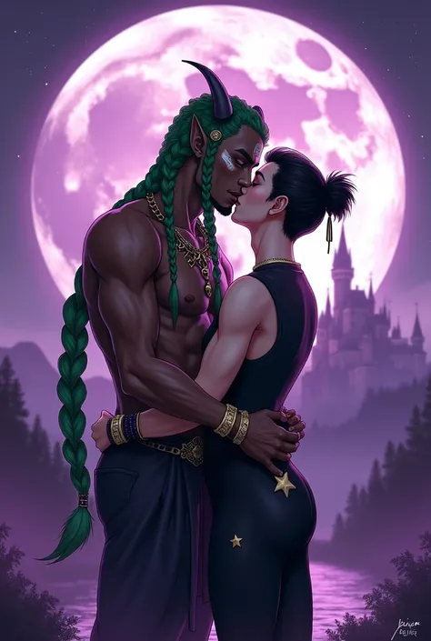 A moon centered over a kingdom with two men kissing in the background, um naughty man é negro com marcas de vitiligo no rosto e tem cabelo verde trançado com uma orelha de elfo, tem brincos e chifre e o outro naughty man tem cabelo preto com coque, with pu...