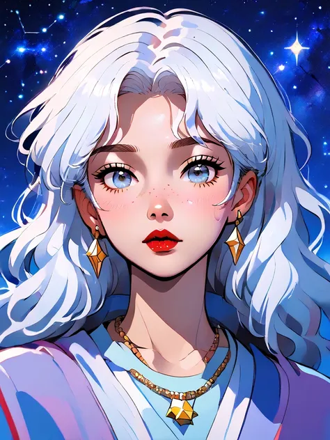 anime art, 1girl, solo, long hair, looking at viewer, blush, bangs, jewelry, upper body, white hair, earrings, necklace, star (symbol), grey eyes, blue background, wavy hair, star (sky), freckles, red lips, constellation