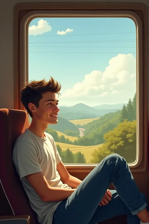 a guy sitting in a train window, smiling