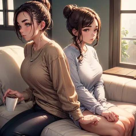 ((A single 55 year old woman who is ALONE on the couch with wavy light brown hair tied in a bun, her body is chubby this same woman has slightly thick eyebrows with a slightly chubby tip of the nose, her skin tone is dark and this same woman wears a casual...