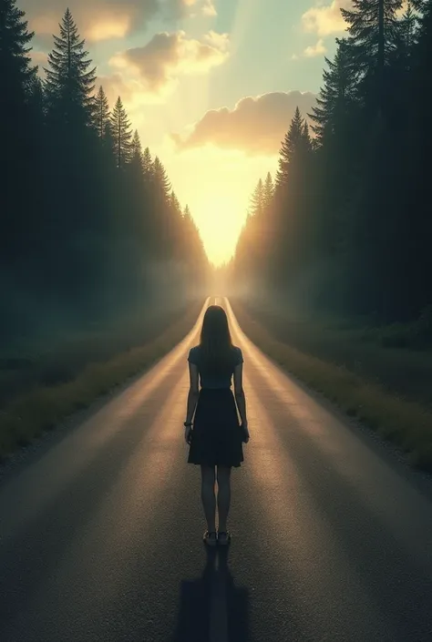 A woman standing at a  juncture crossroads, with one path leading to a bright, sunlit horizon and the other to a shadowy, uncertain forest, representing the power of choice. The roads showing clearly in a v pattern and the woman at the middle thinking 