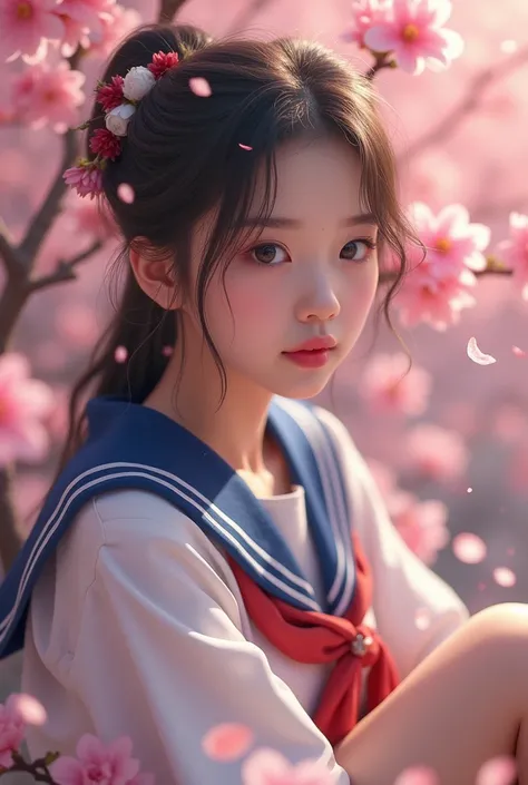 a beautiful young japanese girl, beautiful detailed eyes, beautiful detailed lips, extremely detailed eyes and face, long eyelashes, delicate facial features, intricate hairstyle, porcelain skin, school uniform, sitting in a sakura garden, petals falling, ...