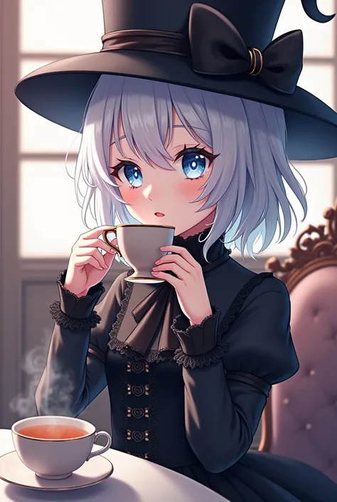 anime girl, mad hatter hat, sakuya izayoi, young, cute, flat chest, , white hair, blue pupuls, drinking tea,  elegant victorian black dress