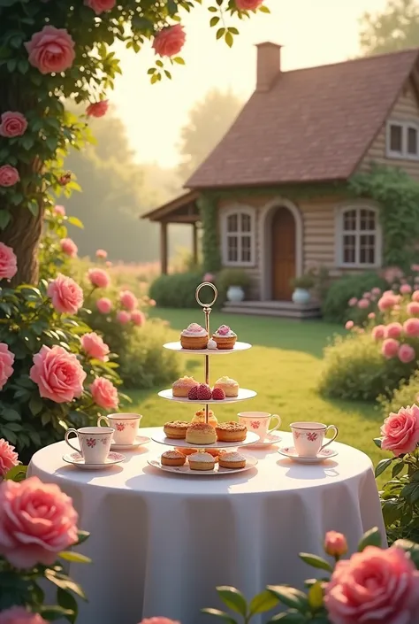 White round table,afternoon tea,cake,sunset,Rose Garden,wooden house
