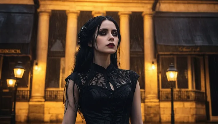 a beautiful gothic woman standing on the street, intricate detailed gothic dress, elegant pose, mysterious expression, dark smoky eyes, long flowing black hair, pale skin, dark goth aesthetic, moody street scene, rain falling, old gas lamps, cobblestone ro...