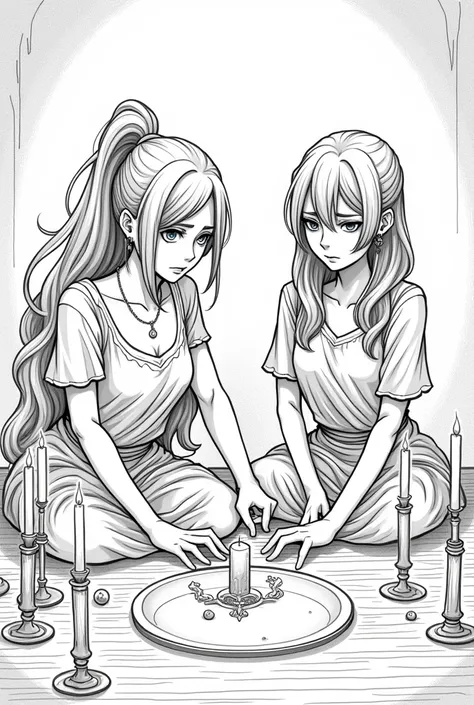 Create a lineart illustration Setting: Preparations for the Evocation: Capture the moment when Marine and Christine prepare for the evocation. Marine should have an expression of determination and anxiety, while Christine makes her preparations with a mixt...