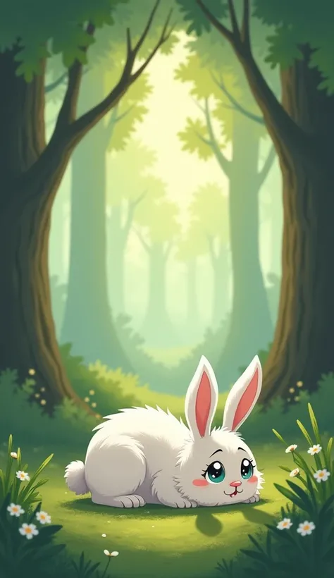 The rabbit wakes up, blinking in surprise and sad. The forest light changes to show the passage of time.
The rabbit is white.
Show as cartoons