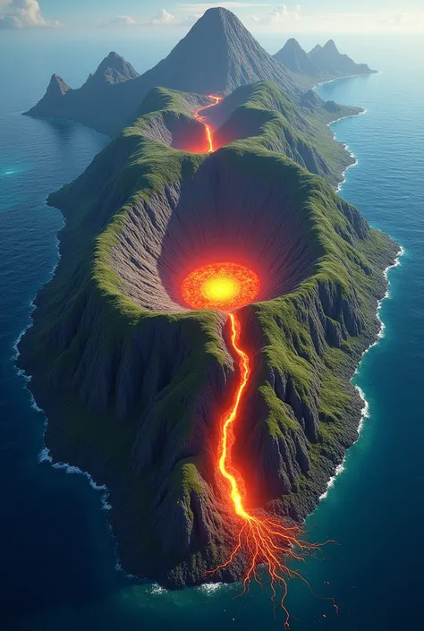 Drawings of the formation of volcanic islands 