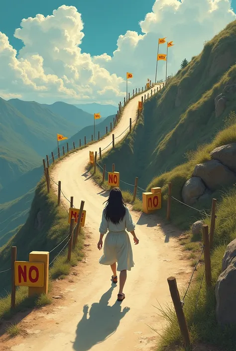 A winding, uphill road with roadblocks marked “No” being overcome by a determined woman who continues to climb, with “Yes” banners awaiting at the peak.