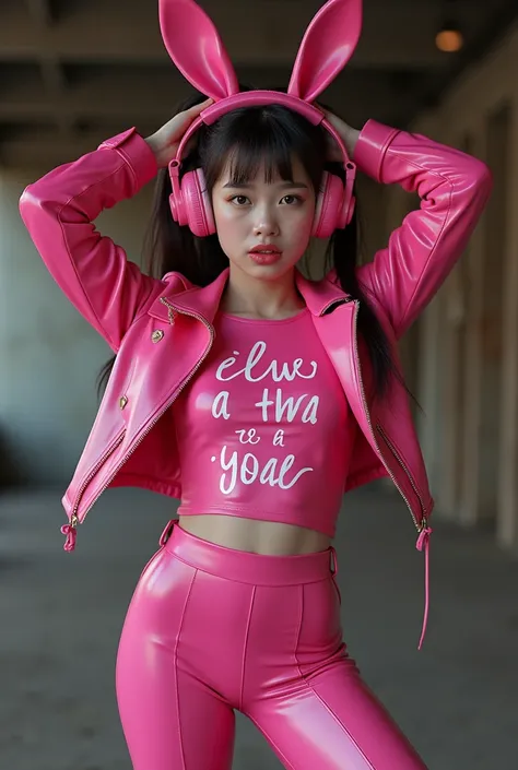 (foto cruDa, mejor caliDaD, masterpiece:1.2), (realist, photo-realist:1.4),(masterpiece:1.4),(mejor caliDaD:1.4),1 girl, Alone, :D, headphones, arms up, hits, blush, Bright pink suit, old, pose De conejito, escritura De ropa, Covered navel, tiro De vaquero...