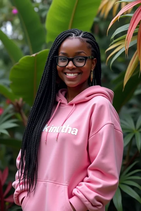 (photorealism:1.2), beautiful black African woman,22 years,sharp boobs, smiling wearing a fitting pink hoodie written "Kinuthia",long braids, black  oversized photo chromatic glasses, standing , plants in background cardi B inspiration 