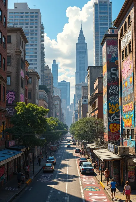 Picture of the city of São Paulo with graffiti on top