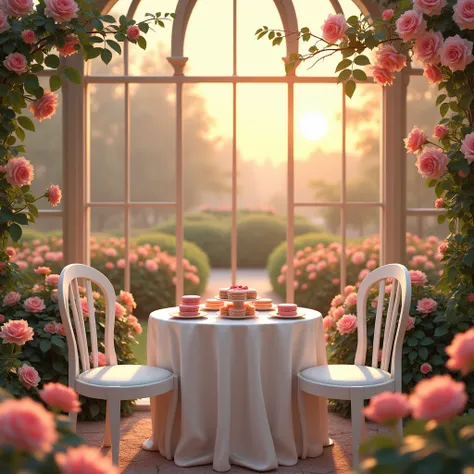 White round table,White chair,afternoon tea,Macarons,sunset,Rose Garden,glass house,vintage
