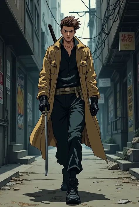 Make me a male jujutsu kaisen character that has a mullet hair style (that is not long) brown, together with his brown eyes, The character is dressed in a stylish manner (that is, an oversized outfit) , carrying a katana walking through a city alley jujuts...