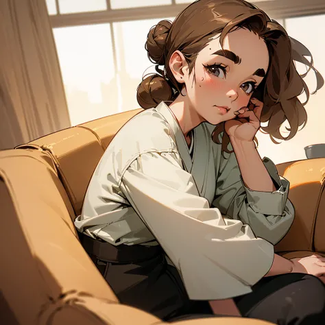 ((A single 55 year old woman who is ALONE on the couch with wavy light brown hair tied in a bun, her body is chubby this same woman has slightly thick eyebrows with a slightly chubby tip of the nose, her skin tone is dark and this same woman wears a casual...